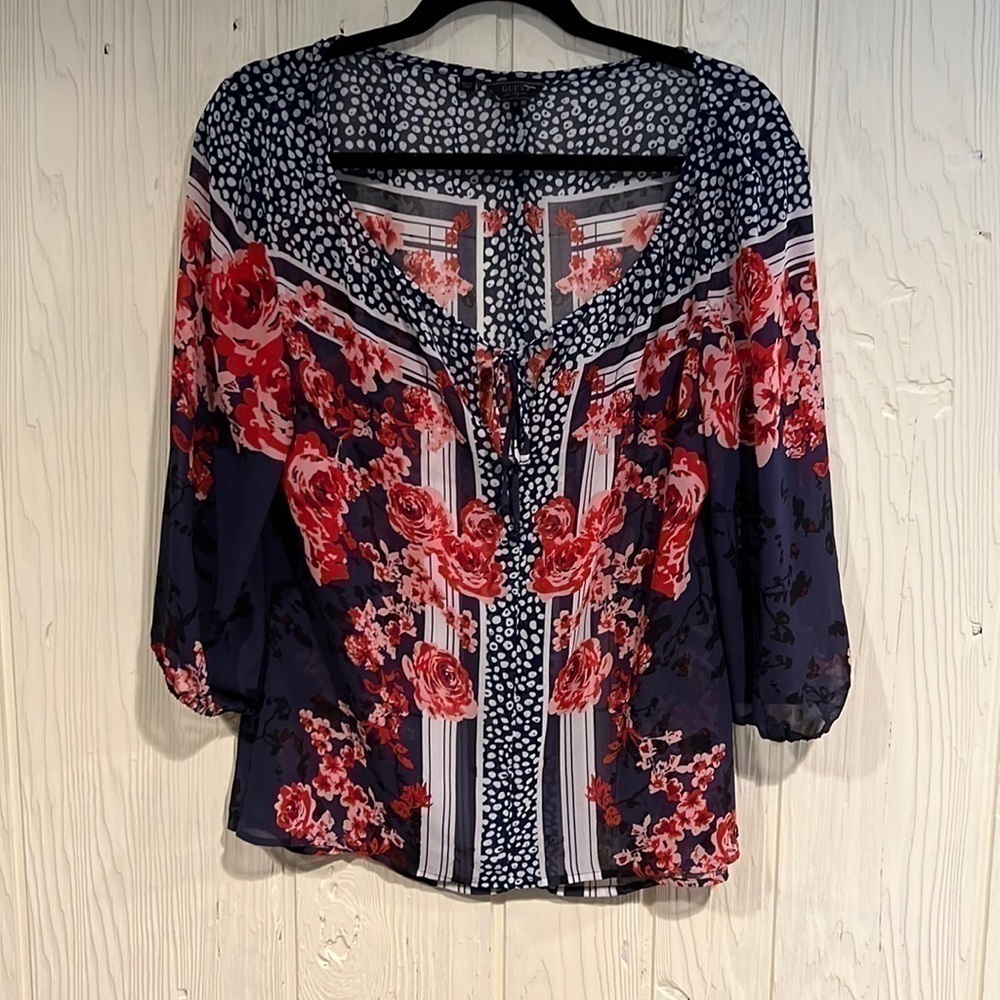 GUESS sheer boho blouse with puff 3/4 length sleeves tie at neck size medium